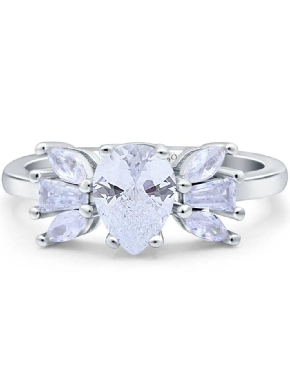 NWOT Sterling Silver Pear-Cut CZ Halo Ring with Marquise Accent Stones